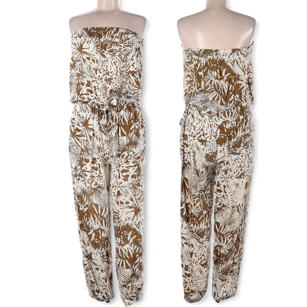 Blue Island Tropical Pattern Tassel Blouson Strapless Semi Sheer Rayon Jumpsuit